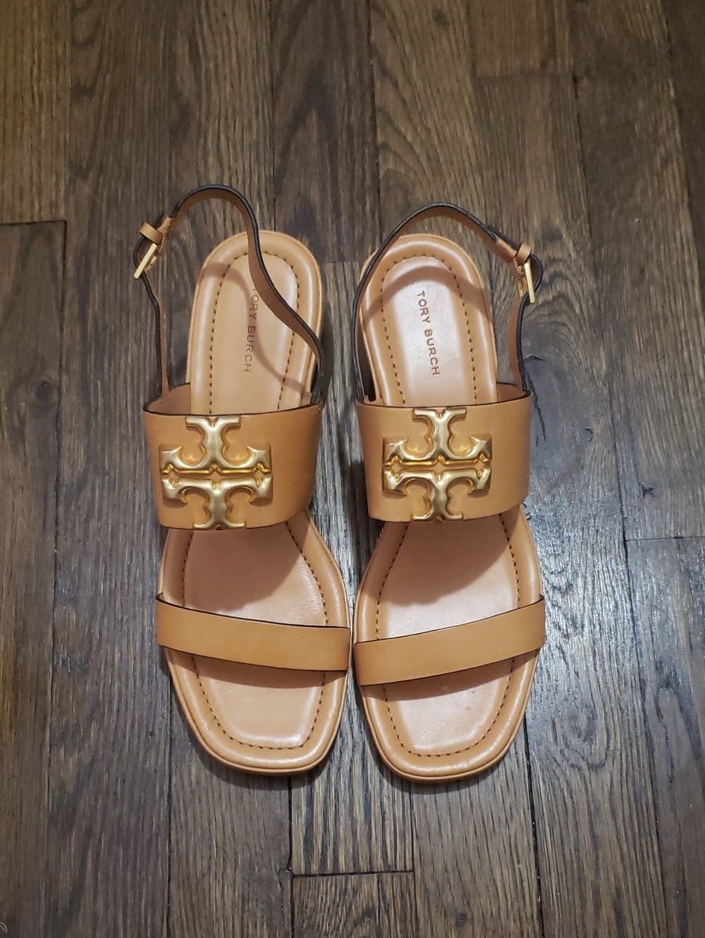 Tory Burch Camel Leather Slingback Sandals with Gold Logo Plaque